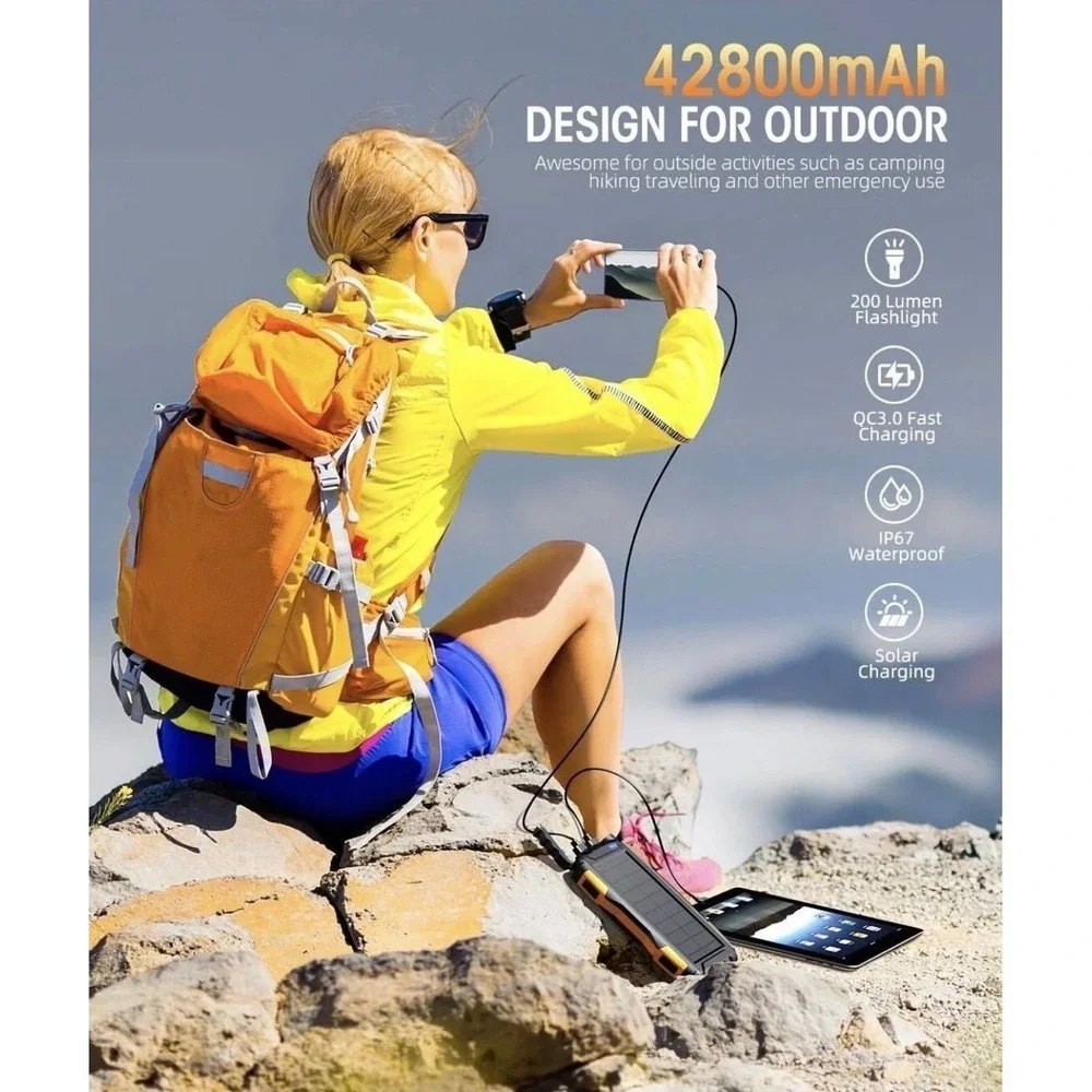 Outdoor Solar Power Bank Portable USB Charger LED Flashlight Waterproof New